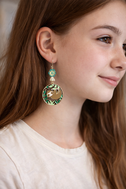 Sloth & Floral Beaded Dangle Earrings – Whimsical Nature Jewelry