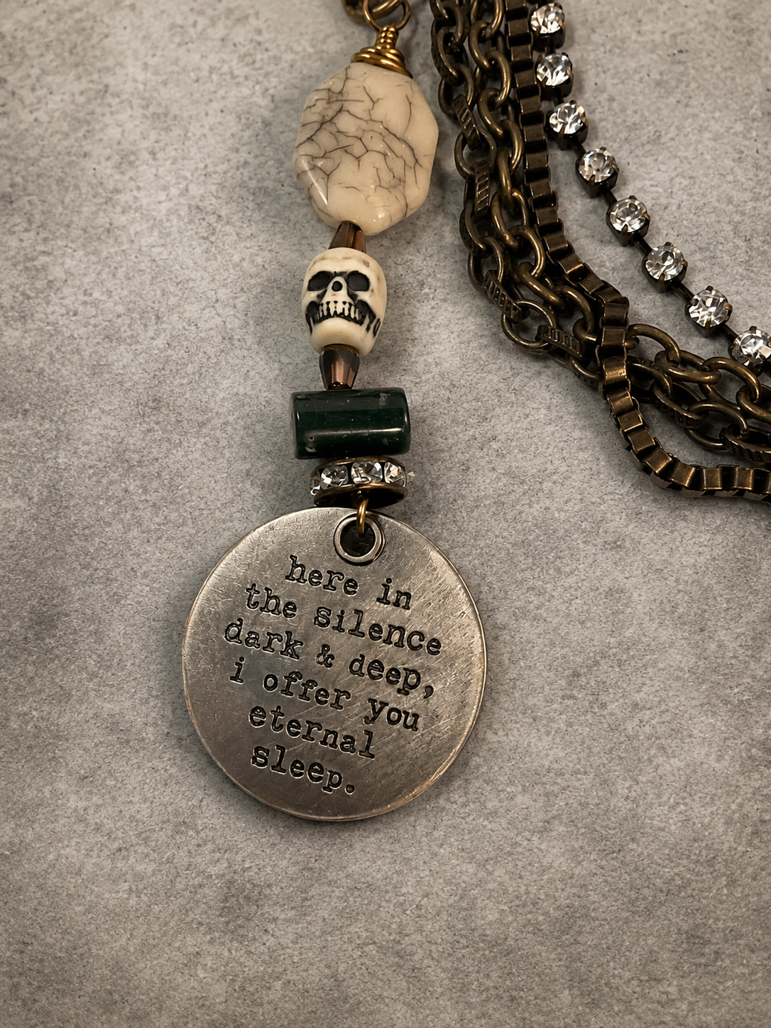 Handmade Four-Chain Skull Necklace with Swarovski Crystal, Peyote Stitch Bead & Stamped Medallions