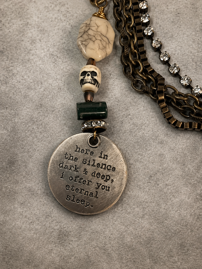 Handmade Four-Chain Skull Necklace with Swarovski Crystal, Peyote Stitch Bead & Stamped Medallions
