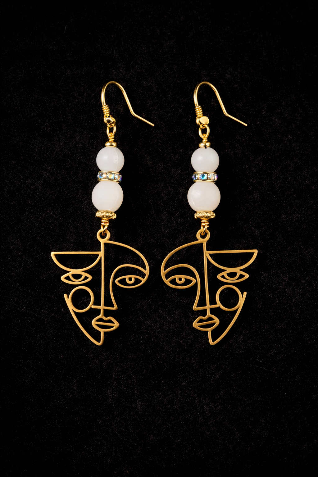 Abstract Face Gold Earrings – Czech Bead & Crystal Dangles (Multiple Styles)