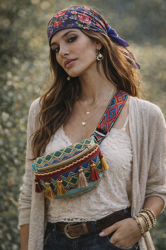 Boho Tassel Crossbody Belt Bag – Colorful Woven Festival Bag (9x6x6)