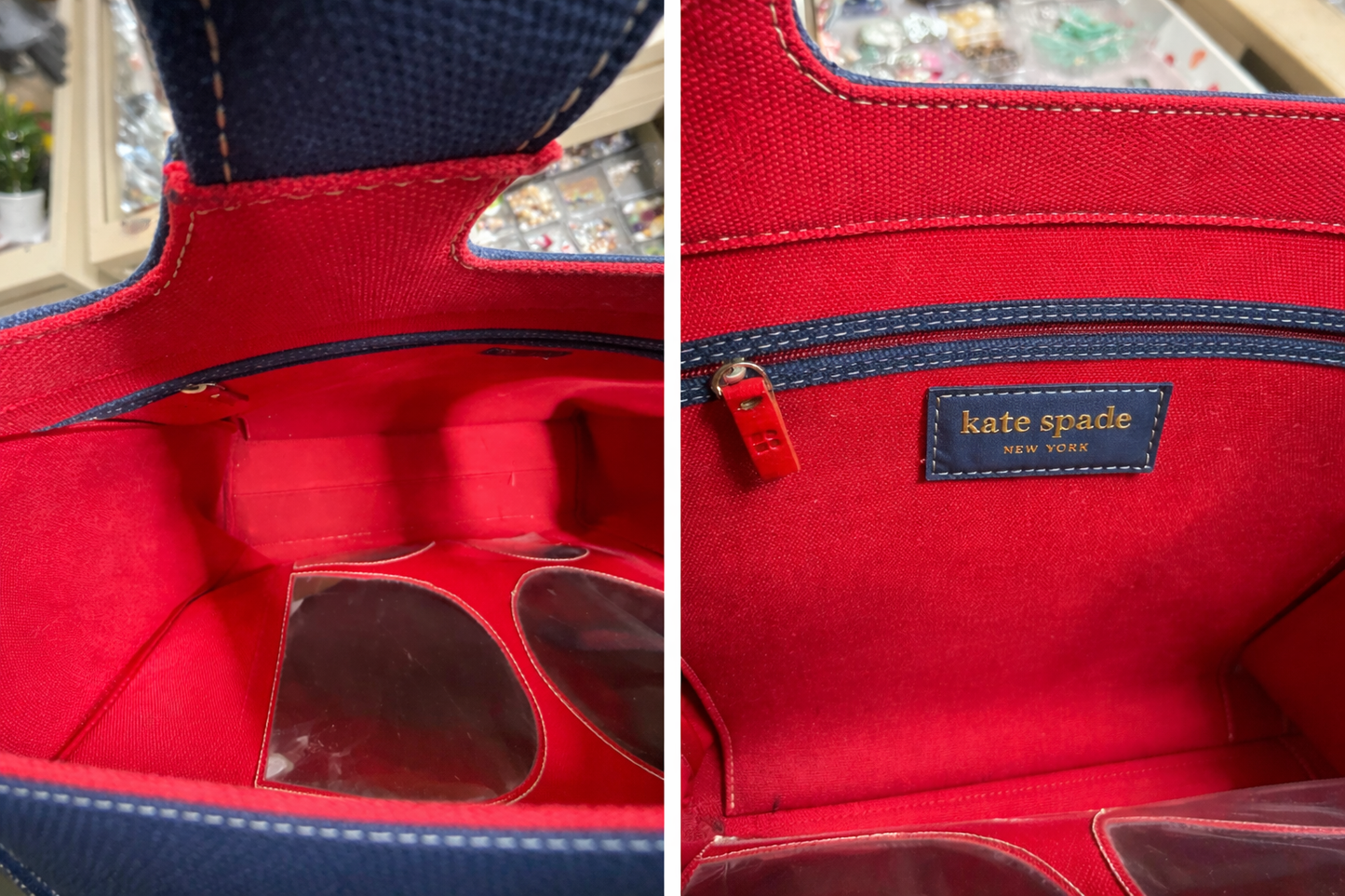 Kate Spade New York Canvas Tote with Clear Panels – Navy & Red Interior