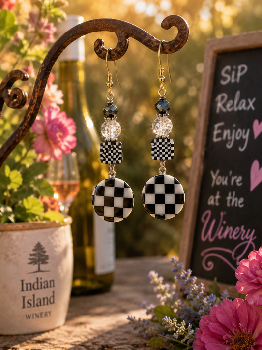 Black and White Checkered Dangle Earrings | Handmade Statement Earrings with Crystal Beads