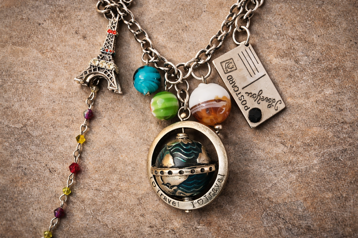 Wanderlust Charm Necklace – Eiffel Tower, Globe & Vintage Travel Treasures Statement Piece