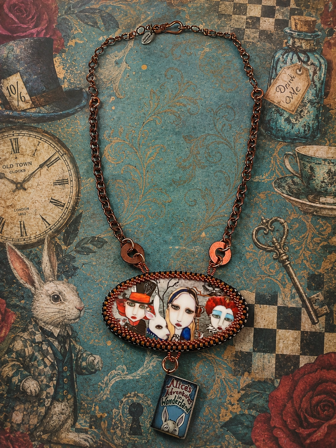 Hand Beaded Alice in Wonderland Necklace – Mad Hatter, White Rabbit & Queen of Hearts – 18 Inch Copper Chain