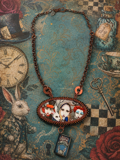 Hand Beaded Alice in Wonderland Necklace – Mad Hatter, White Rabbit & Queen of Hearts – 18 Inch Copper Chain