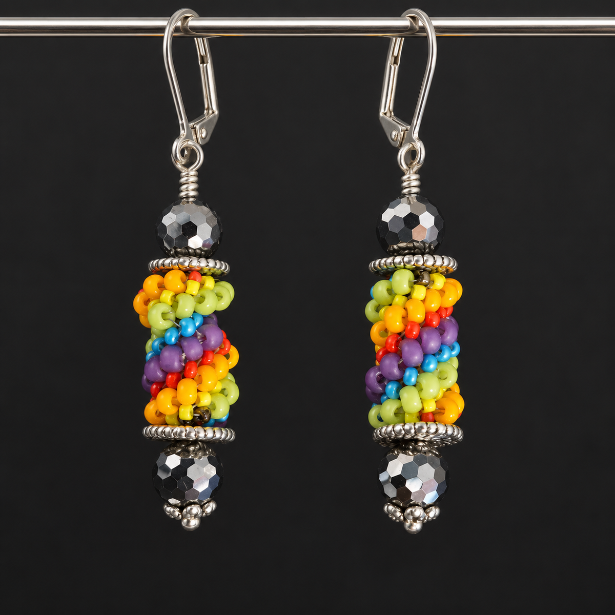 Handmade Rainbow Seed Bead Dangle Earrings with Leverback Wires