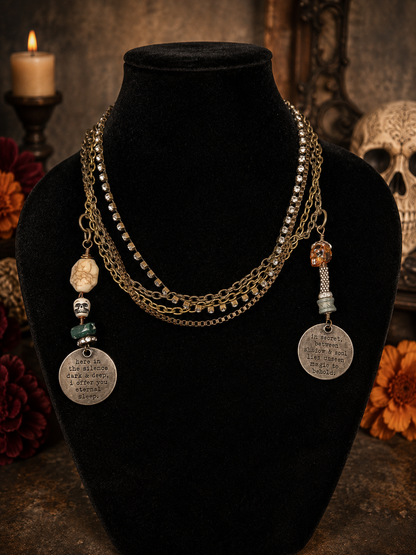 Handmade Four-Chain Skull Necklace with Swarovski Crystal, Peyote Stitch Bead & Stamped Medallions