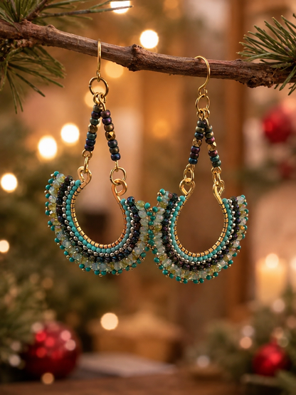 Hand-Pounded Wire Hoop Earrings with Czech Glass & Seed Beads | Boho Statement Earrings
