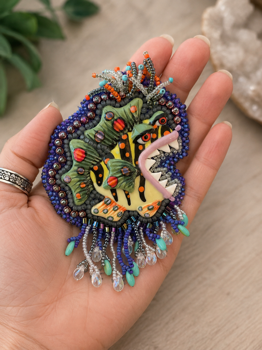Handmade Ceramic Fish Brooch | Bead Embroidered Artisan Pin with Leather Back