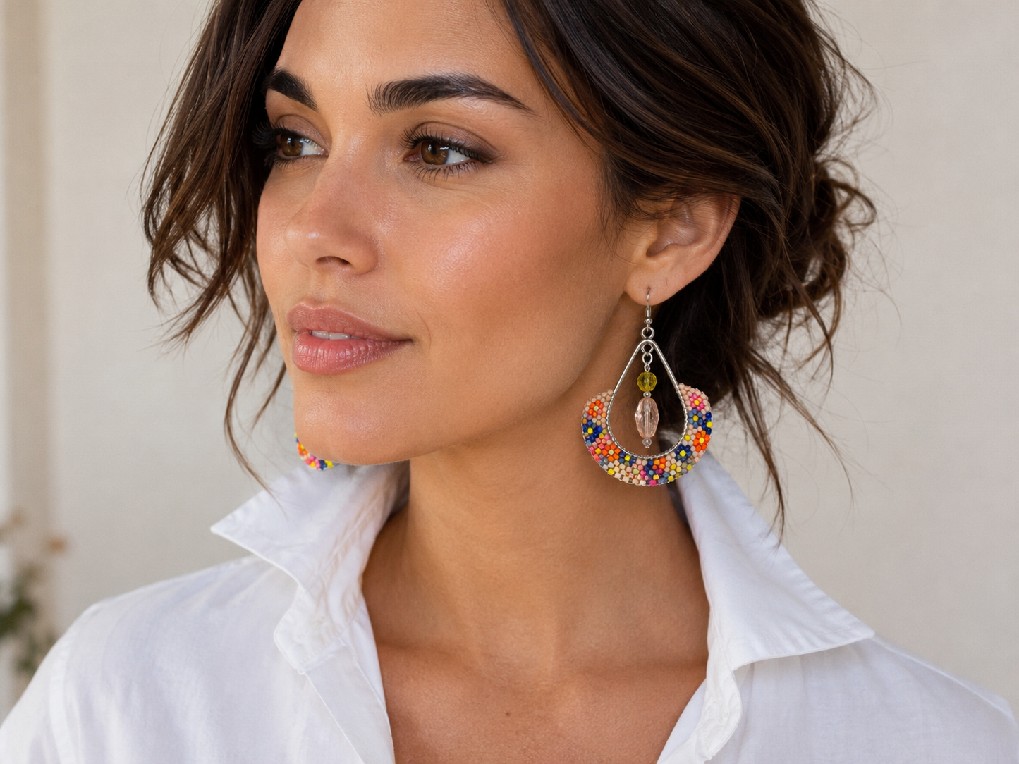 Colorful Hand Beaded Hoop Earrings with Swarovski Crystal Drops | Artisan Delica Seed Bead Jewelry