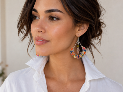 Colorful Hand Beaded Hoop Earrings with Swarovski Crystal Drops | Artisan Delica Seed Bead Jewelry