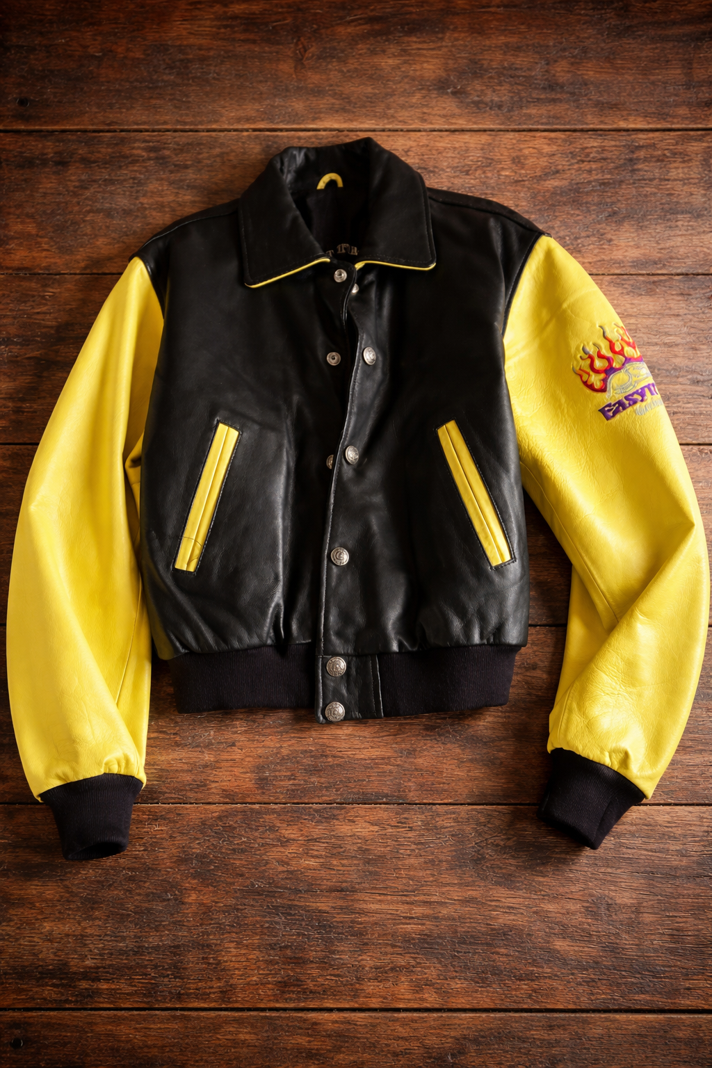 Easyriders Leather Jacket – Black & Yellow Vintage Motorcycle Style (Route 66 Lining)