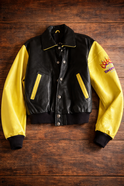 Easyriders Leather Jacket – Black & Yellow Vintage Motorcycle Style (Route 66 Lining)