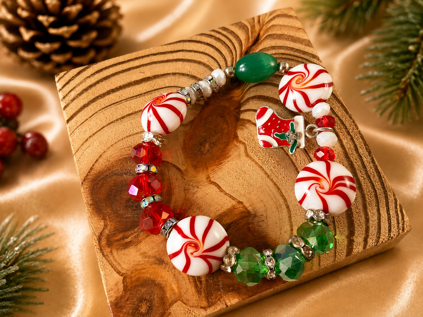 Handmade Christmas Stretch Bracelet with Peppermint Beads, Crystals & Holiday Charms