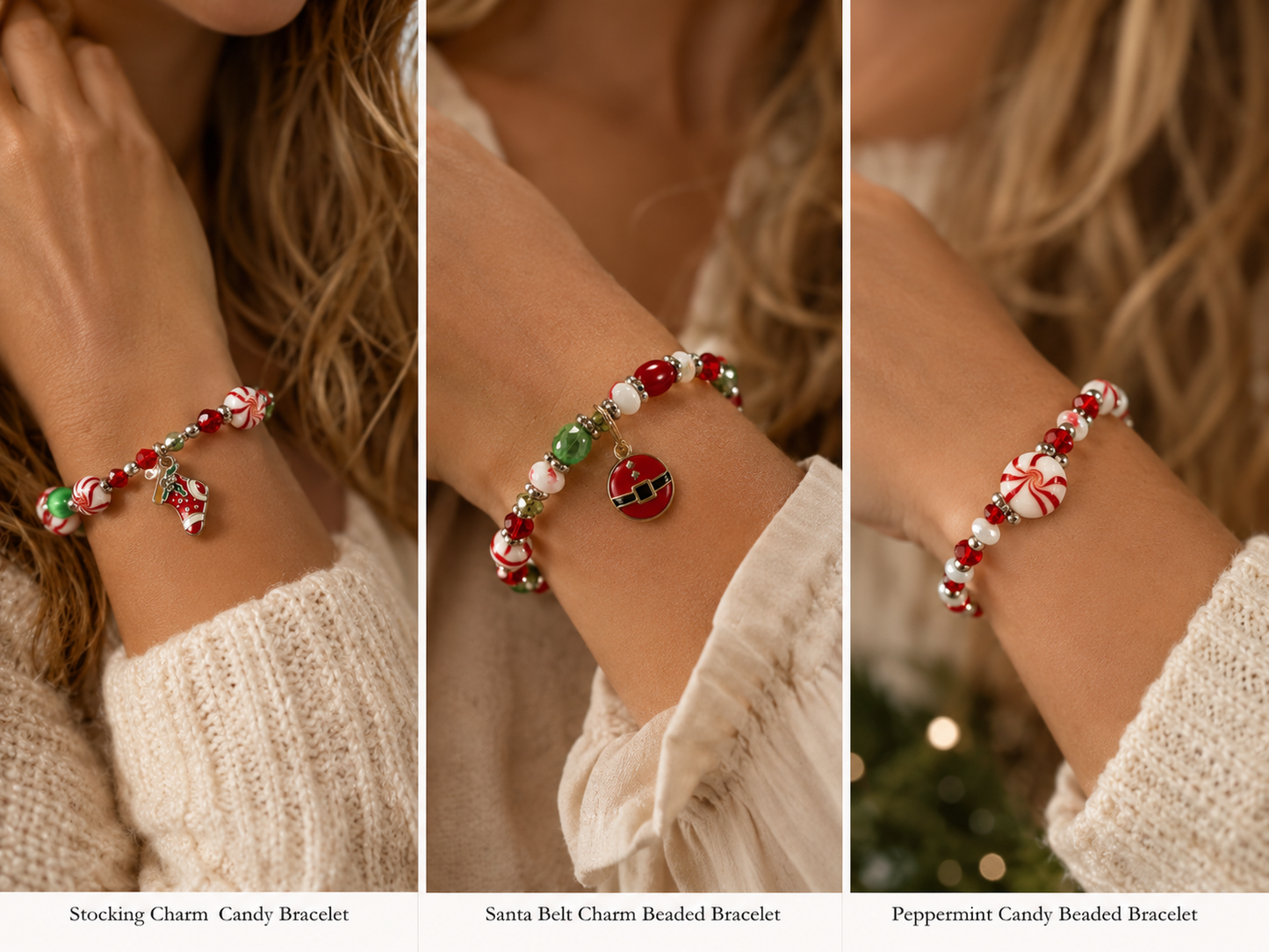 Handmade Christmas Stretch Bracelet with Peppermint Beads, Crystals & Holiday Charms