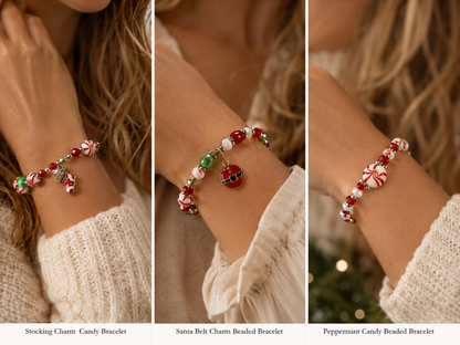 Handmade Christmas Stretch Bracelet with Peppermint Beads, Crystals & Holiday Charms