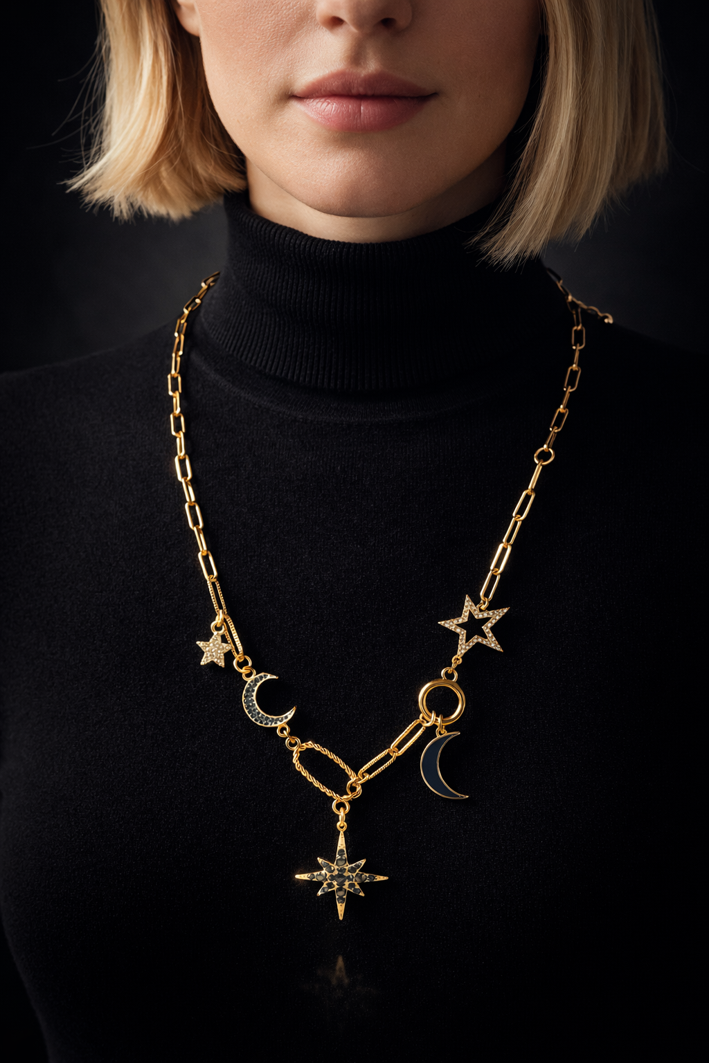 Midnight Celestial Mixed Chain Necklace – Stars, Moons & Enamel Charm Statement