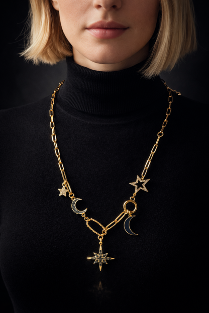 Midnight Celestial Mixed Chain Necklace – Stars, Moons & Enamel Charm Statement