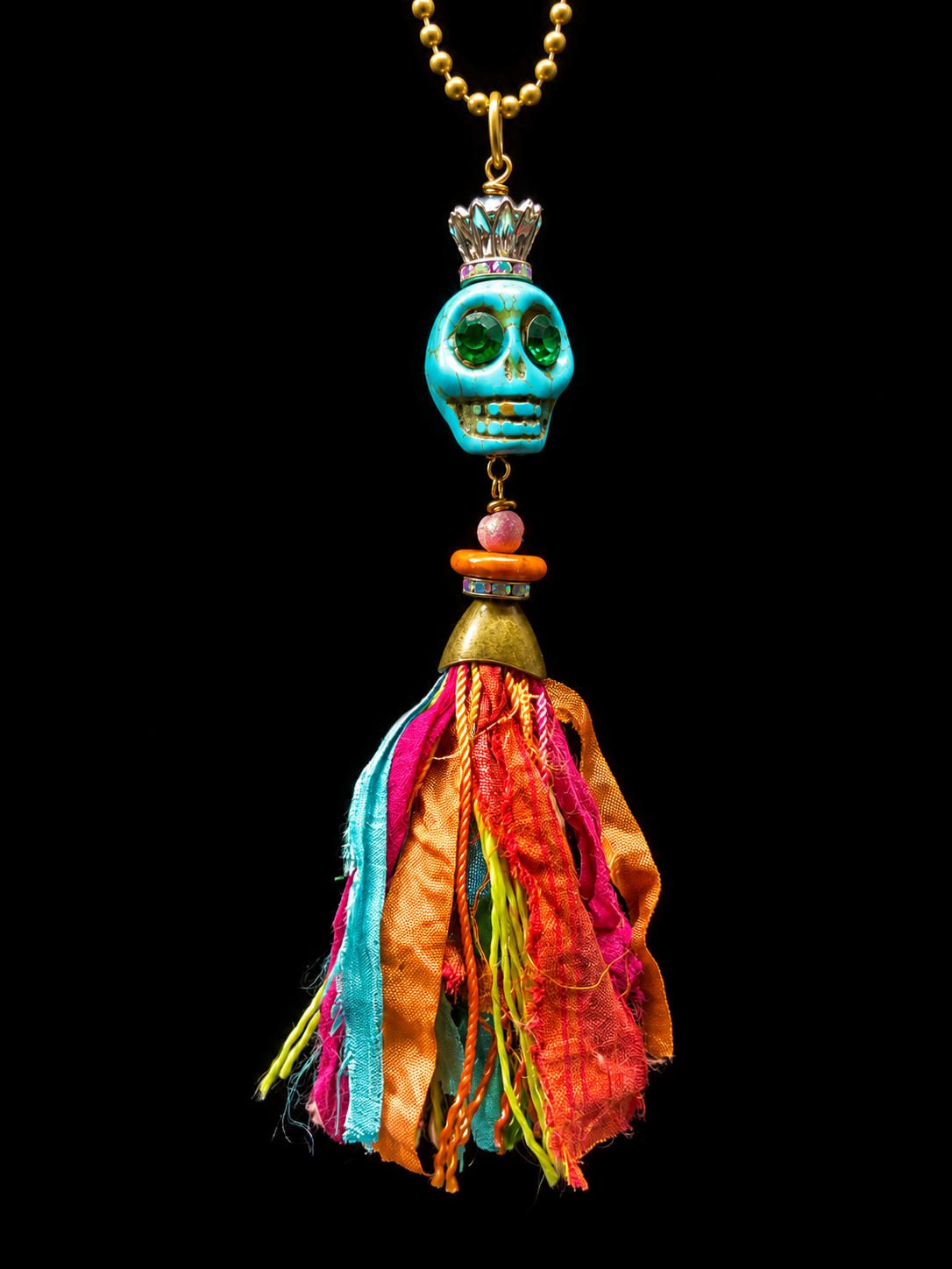 Boho Skull Tassel Necklace – Resin Skull with Crystal Eyes, Crown & Silk Tassel – Choose Your Color