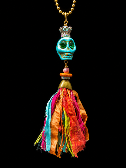 Boho Skull Tassel Necklace – Resin Skull with Crystal Eyes, Crown & Silk Tassel – Choose Your Color