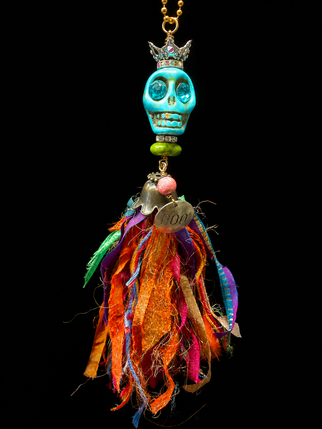 Boho Skull Tassel Necklace – Resin Skull with Crystal Eyes, Crown & Silk Tassel – Choose Your Color