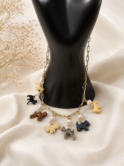 Vintage Scottie Dog Charm Necklace | Freshwater Pearls | Adjustable 17–18.5 Inch Gold Paperclip Chain