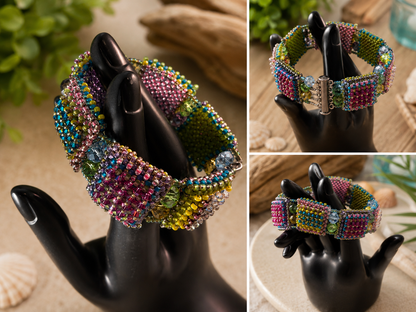 Hand Beaded Right Angle Weave Bracelet with Crystal Squares – Multicolor Statement Bracelet