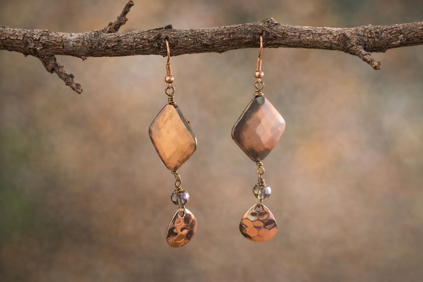 Copper Sparkle Dangle Earrings – Hammered Diamond Metal & Crystal Drops