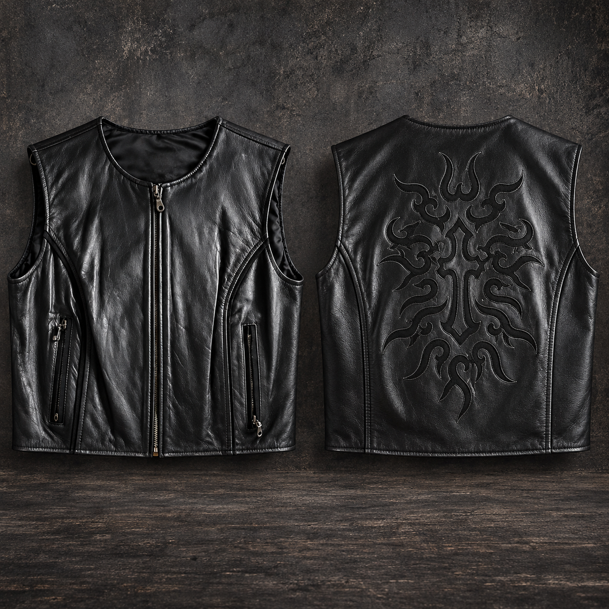 Women’s XL Black Leather Motorcycle Vest with Tribal Cross