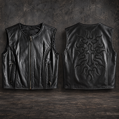 Women’s XL Black Leather Motorcycle Vest with Tribal Cross