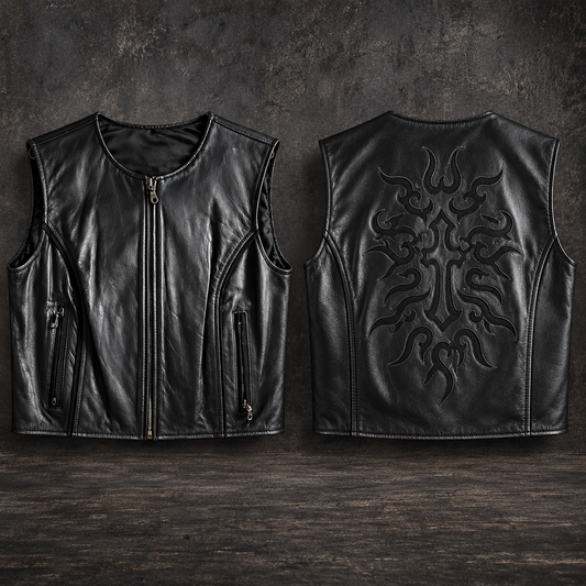 Women’s XL Black Leather Motorcycle Vest with Tribal Cross