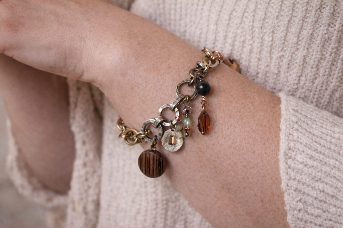 Rust & Rhythm – Mixed Metal & Austrian Crystal Charm Bracelet