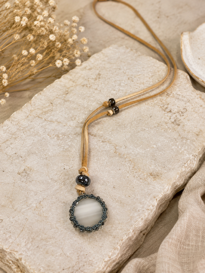 Hand-Beaded Deerskin Necklace with Stained Glass Pendant – 32 Inch