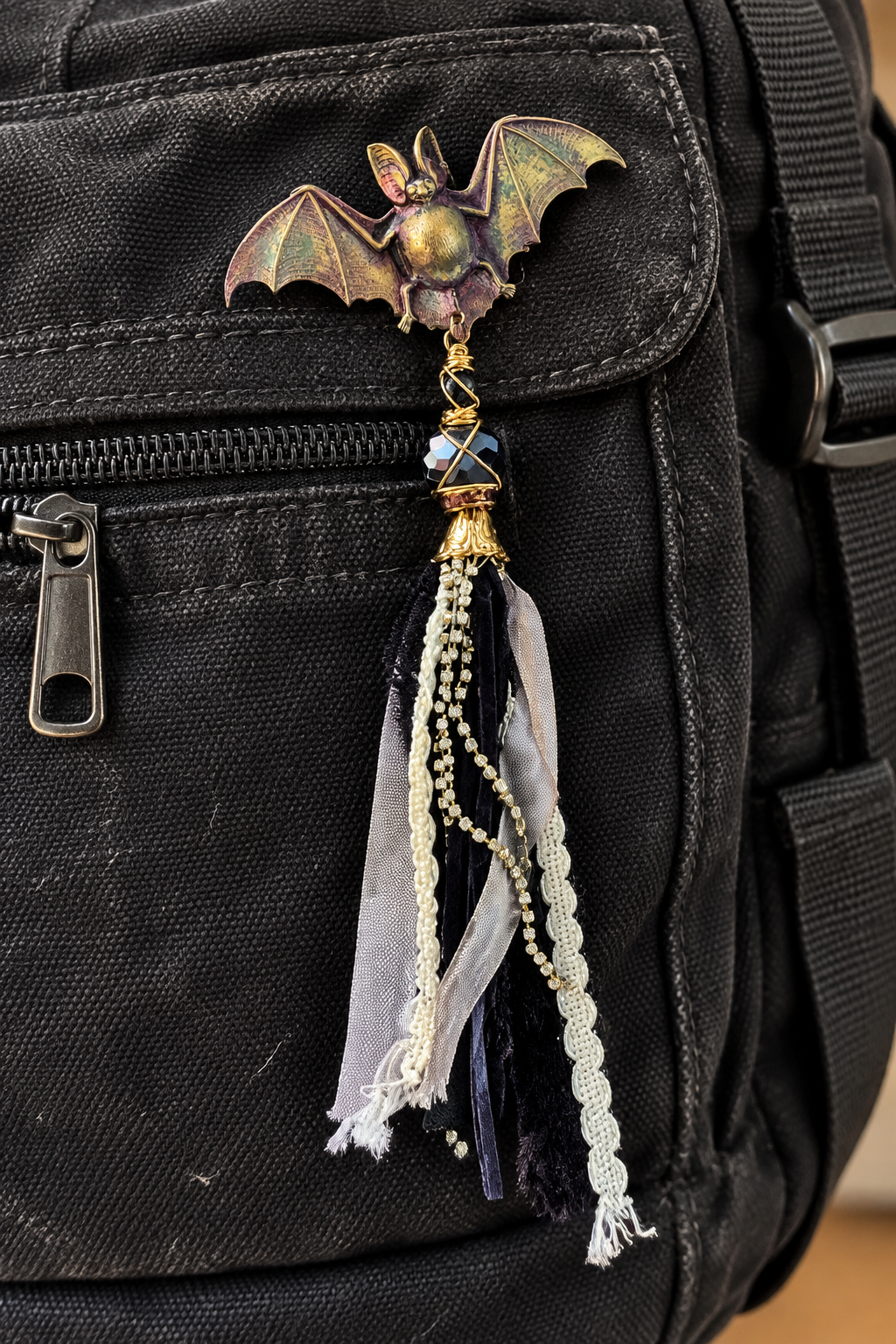 After Dark Bat Pin with Crystal & Fabric Tassel