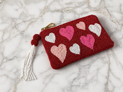 Sweetheart Beaded Cosmetic Pouch - Handmade in India (7' x 5")