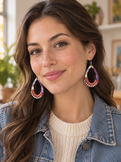 Marbled Resin, Leather and Silver Bead Drop Earrings