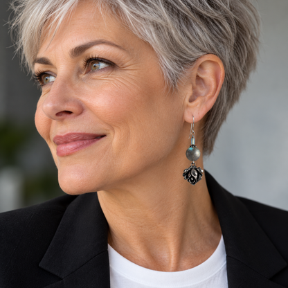 After Dark Hematite & Silver Rose Earrings
