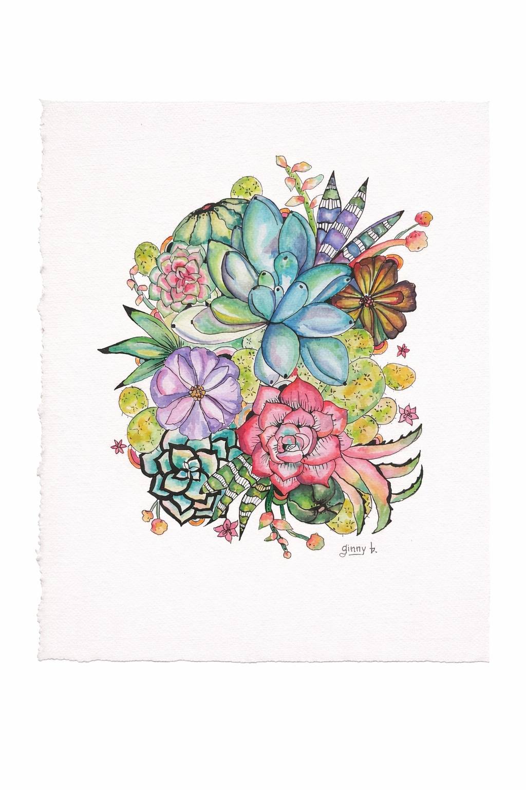 Desert Bloom Gathering – Pen & Ink and Watercolor Succulent Garden