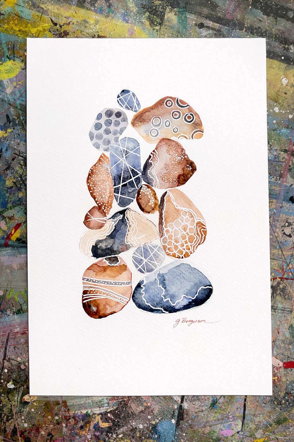 Balanced Stones Watercolor Print – Modern Stone Cairn Art