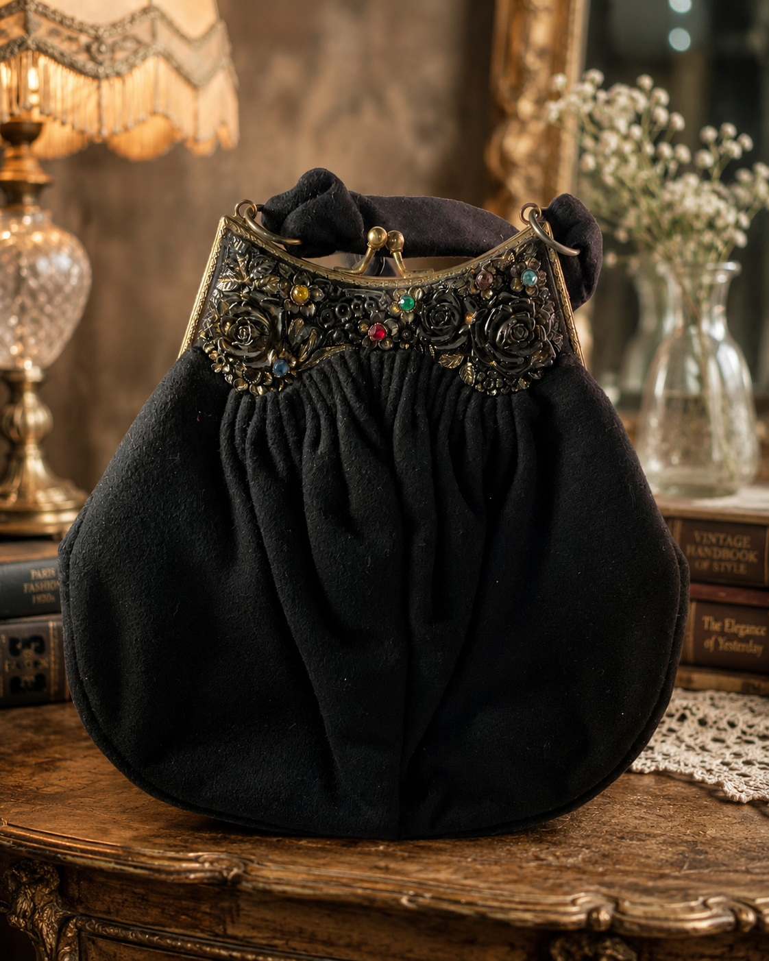 Vintage Black Evening Bag Jeweled Frame Purse with Mirror Coin Purse 1950s Style