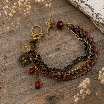 Mixed Metal Charm Bracelet | Antique Gold, Copper & Gunmetal Toggle Bracelet