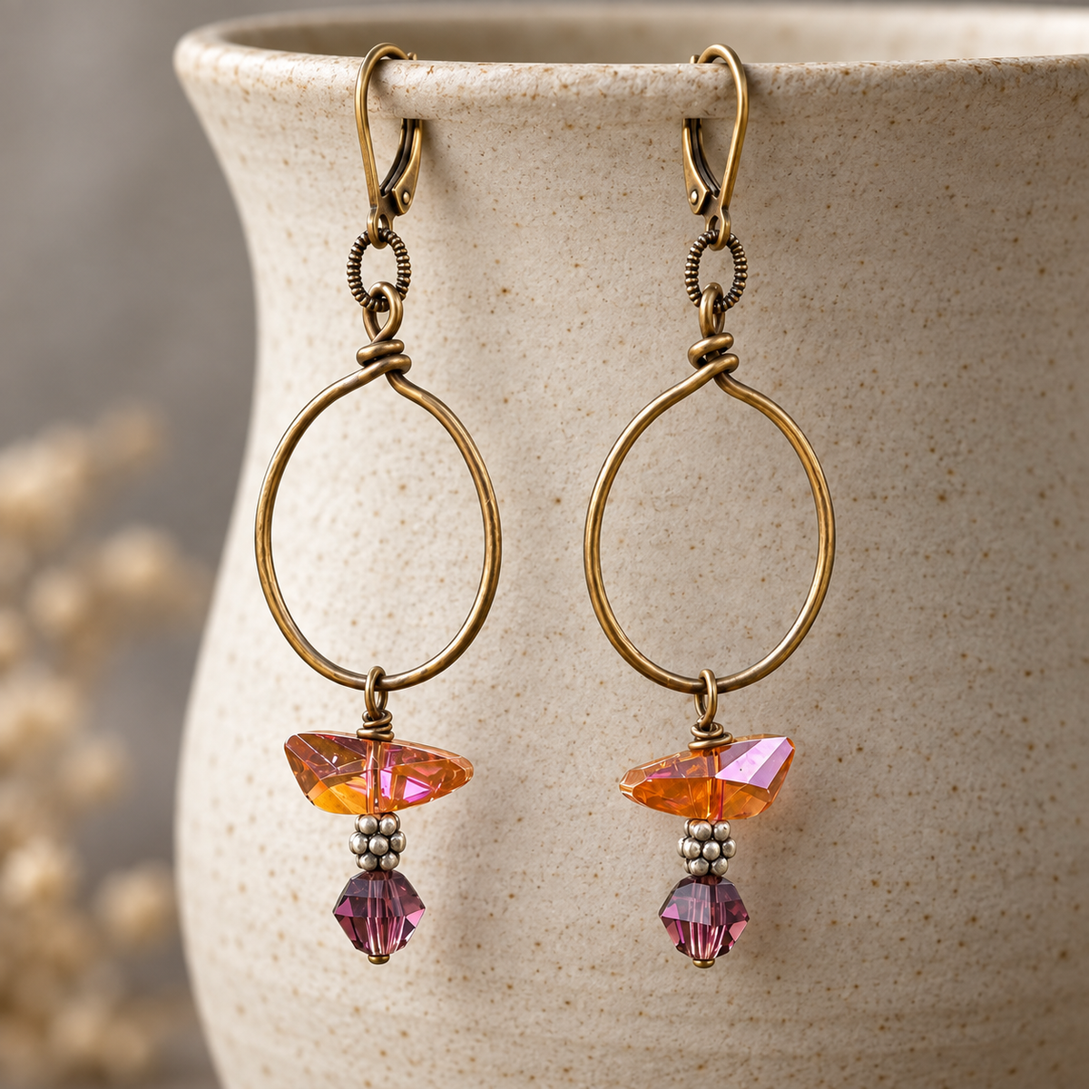 Peach & Plum Swarovski Crystal Bronze Hoop Earrings