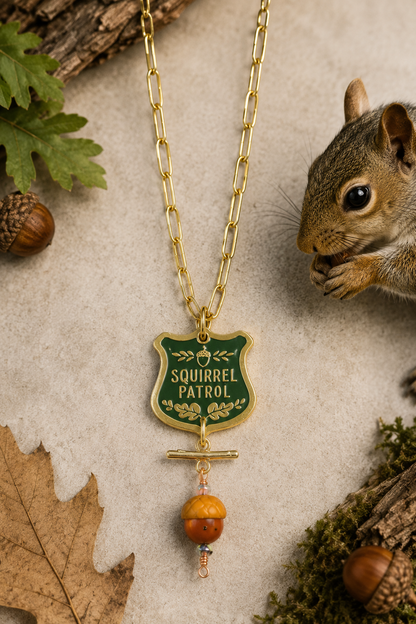 Handmade Squirrel Patrol Necklace | Gold Paper Clip Chain with Polymer Clay Acorn | Woodland Jewelry
