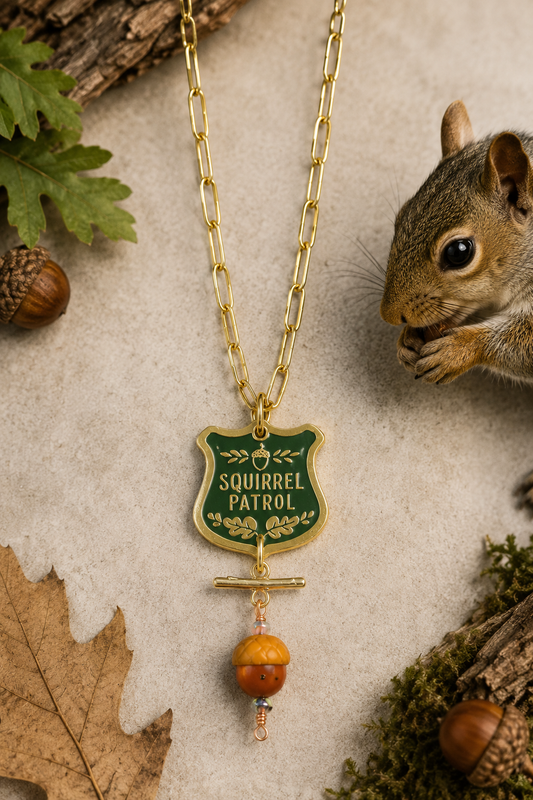 Handmade Squirrel Patrol Necklace | Gold Paper Clip Chain with Polymer Clay Acorn | Woodland Jewelry