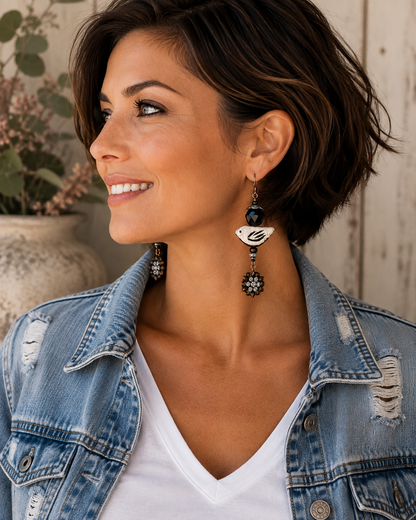 Handmade Swarovski Crystal Bird Earrings | Clay Bird Dangle Earrings with Rhinestone Flowers