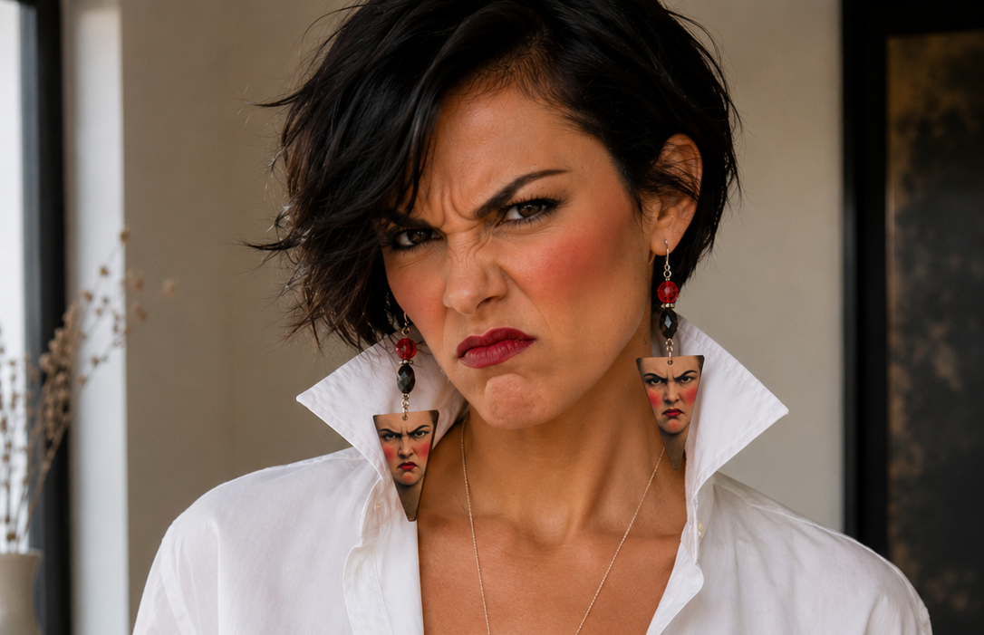 Funny Mood Swing Earrings with Vintage Crystal, Czech Glass Beads & Retro Face Art