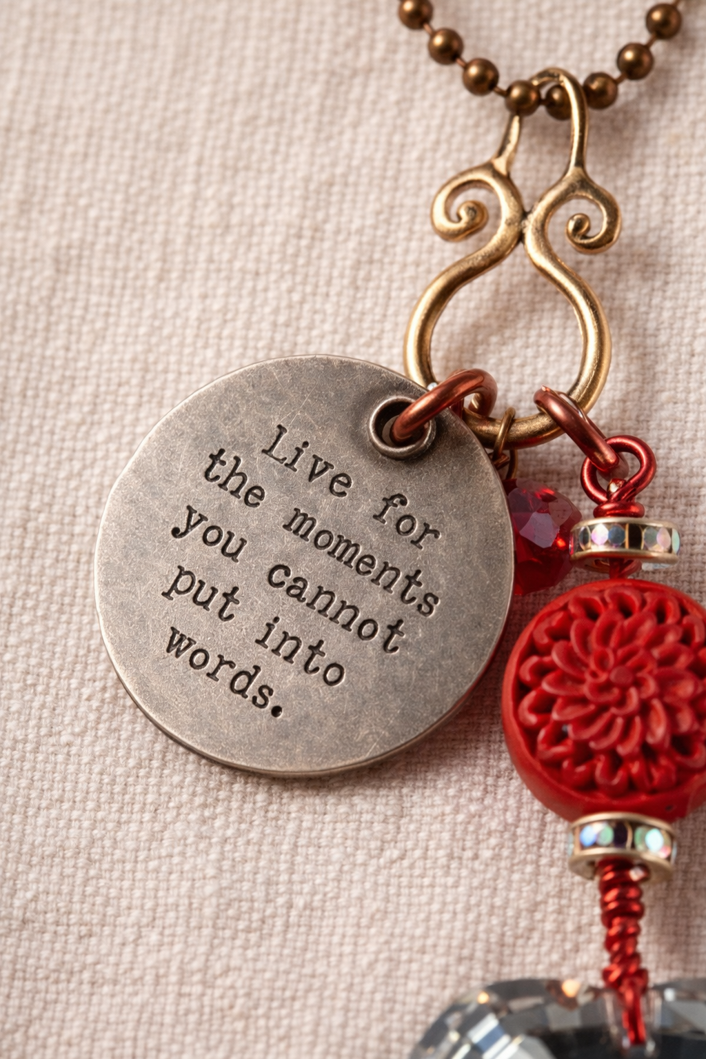 Moments in Words Crystal Heart Necklace – Inspirational Charm Pendant on Long Chain