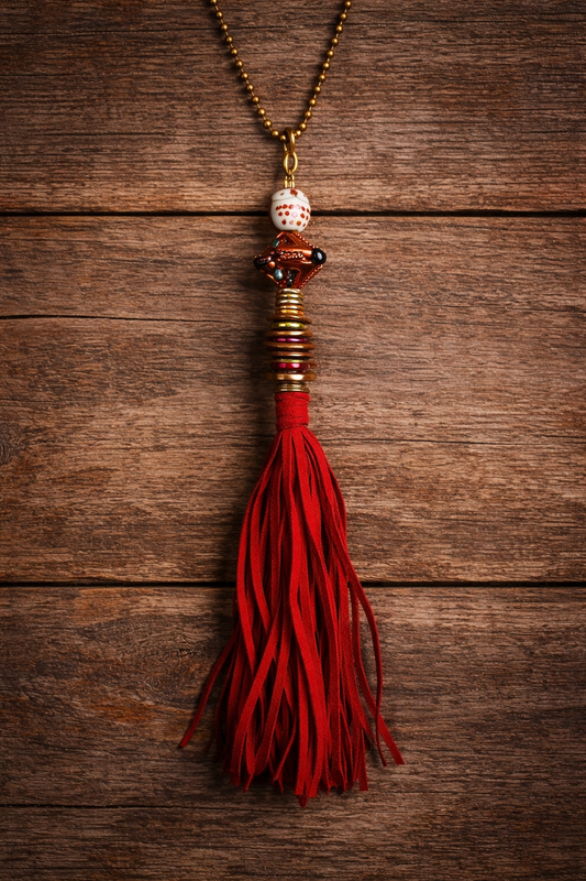 Rust & Soul Tassel Necklace – Ceramic Owl & Suede Fringe Boho Statement