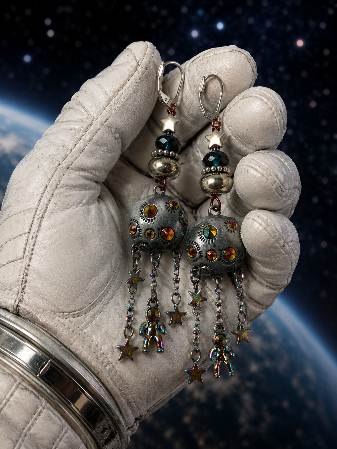 Planet and Astronaut Dangle Earrings with Stars, Rhinestones and Space Charms